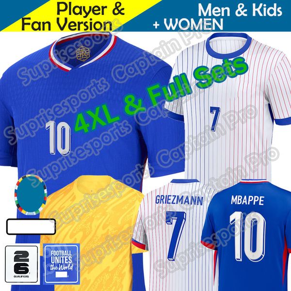 Французский футбольный трикотаж 2024 года BENZEMA GIROUD MBAPPE GRIEZMANN 24 Maillot De Foot Equipe Away Kids Kit Футболка для дома Главная Женщины Вратарь S-4Xl Игрок THURAM