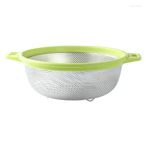 Coador de aço inoxidável para armazenamento de cozinha, com alça e pernas, grande filtro verde de metal para massas, vegetais, frutas, macarrão, saladas