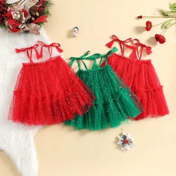 Mädchenkleider 0–4 Jahre Kleinkinder Baby Kinder Tüllkleid Weihnachtsfeier Ärmellos Bindebänder Rüschen Sommerkleid Pailletten Punkte A-Linie