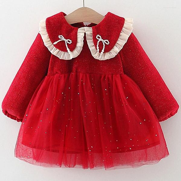 Abiti per ragazza Autunno Inverno Vestiti per bambini Coreano Carino Colletto per bambole Fiocco in maglia in pile Caldo spesso vestito da compleanno rosso BC1025 del bambino