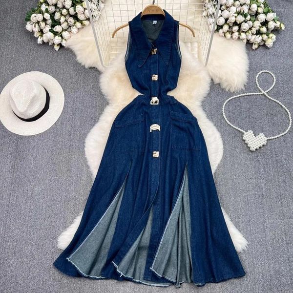 Sıradan elbiseler vintage seksi uzun kot elbise kadınlar Kore yaz kolsuz içi boş mavi kot vestidos