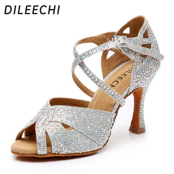 Botas Dileechi Latin Dance Sapatos Sier Ouro Big Small Strass Glitter Flash Flash Ballroom Sapatos de Salsa Salsa Sapatos Macitos