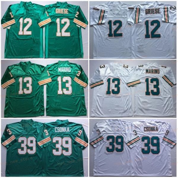 Maglia retrò Foobtall 1994 Vintage 12 Bob Griese 13 Dan Marino 39 Larry Csonka 75° anniversario Nero Rosso Bianco Verde Uomo Vintage All Stitched Team