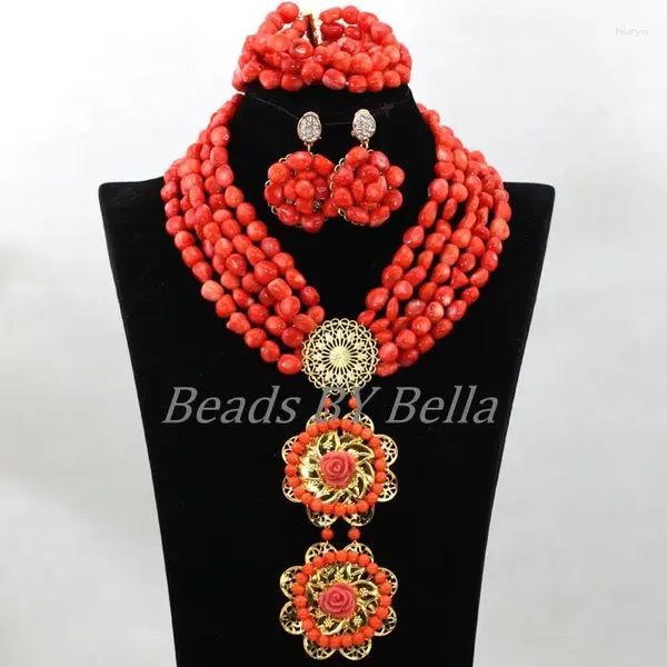 Orecchini di collana Set Ultimo perle vera corallo africano Nigerian Wedding perle da sposa Collane Naturale ABK777