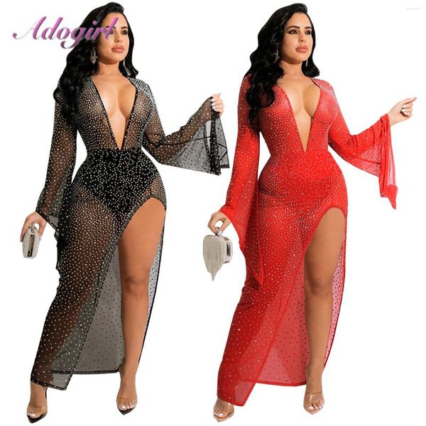 Vestidos casuais sexy sheer malha retalhos lantejoulas flare manga longa ver através de festa clube vestido de natal mulheres v pescoço alto split outfit