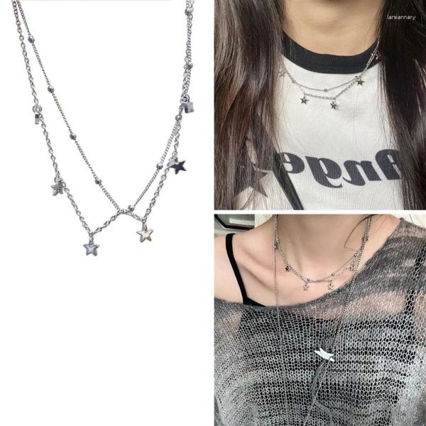 Catene Perline a forma di stella Collana a catena a maglie Gioielli al collo alla moda Y2K Star Doppio strato Girocollo Regalo per ragazze