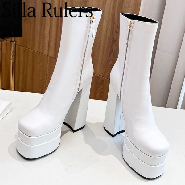 Сапоги сексуальные ночные клубы Hottie Nightclub Women Super High Heels Platform Side Zipper Modern Boots Женские квадратные носки