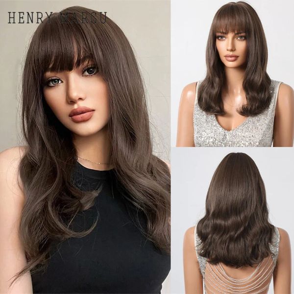 Perucas Henry Margu Marrom Cabelo ondulado Sintéticos Wigs com franja Comprimento médio perucas marrom escuro para mulheres, com aparência natural resistente ao calor peruca