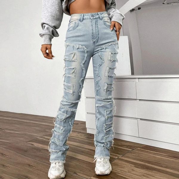 Jeans femininos Cantura alta rasgada Rua elástica de calça jeans escovada para mulheres japonesas grunge harajuku streetwear