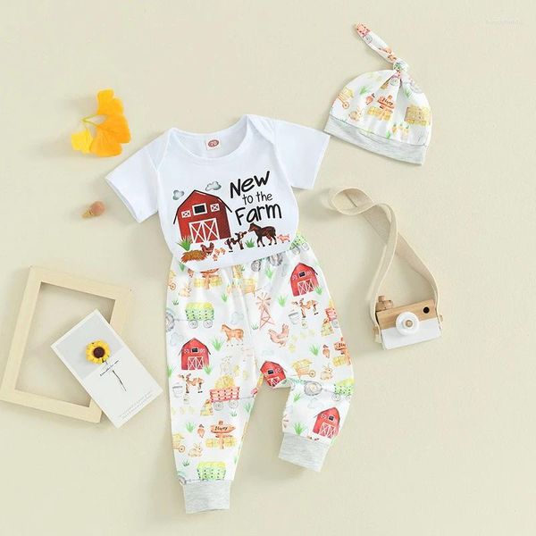 Conjuntos de roupas nascidos bebê menino menina fazenda outfit manga curta para o macacão animal impressão calças chapéu 3 pcs criança roupas ocidentais