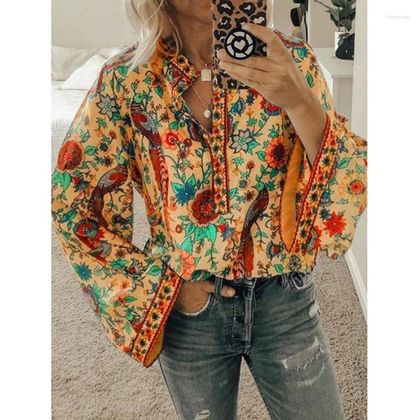 T-shirt da donna Streetwear Donna Top con scollo a V Camicia Harajuku Abiti vintage Donna Stampa pavone Maglietta allentata Bottone Manica lunga Elegante