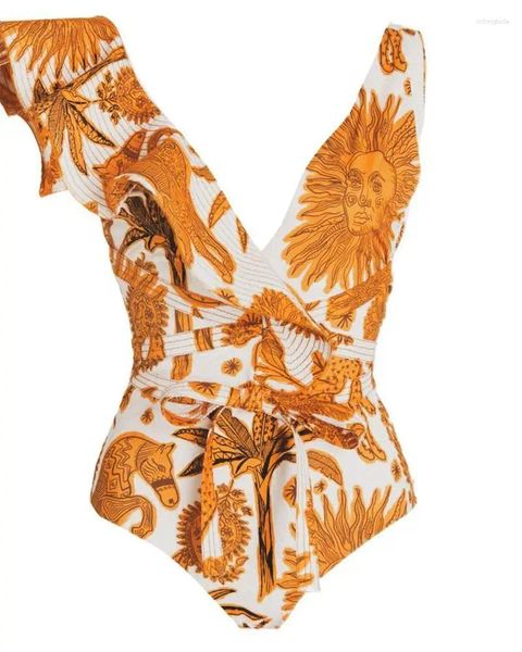 Roupa de banho feminina impresso com decote em v estilingue maiô reunido magro biquíni de duas peças cintura alta aberta volta sexy elegante férias beachwear