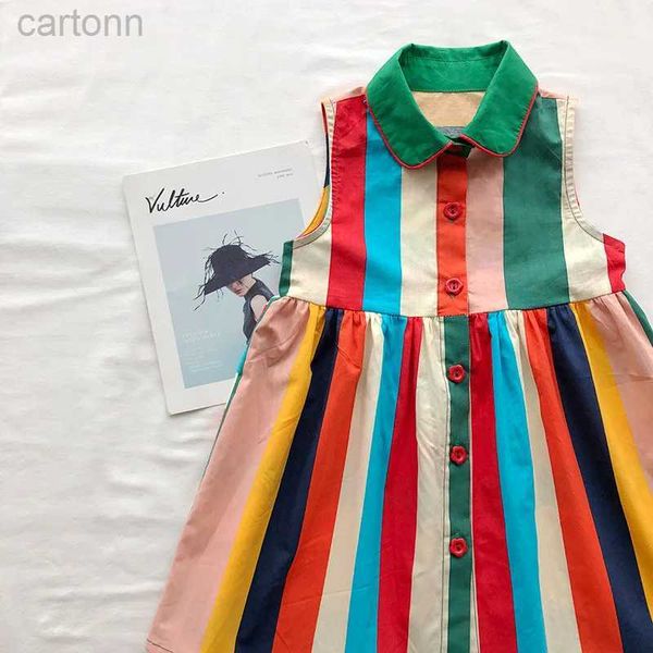 Kız Elbiseleri 2-8T Gökkuşağı Kız Çizgi Elbise Zarif Okul Öncesi Çocuk Bebek Kız Yaz Giyim Klefes T-Shirt Street Giyim 24323