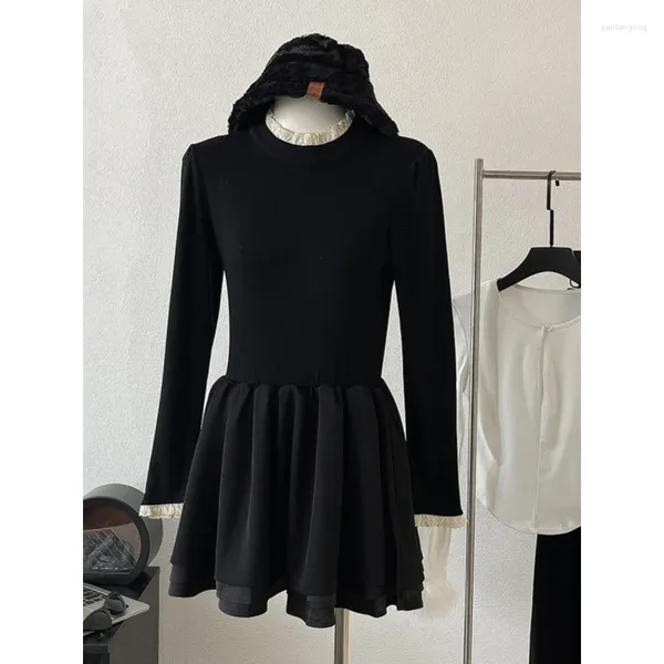 Vestidos casuais feminino chique vestido primavera estilo coreano preto laço retalhos o-pescoço cintura alta a linha mini escritório senhora desgaste para 18-24y