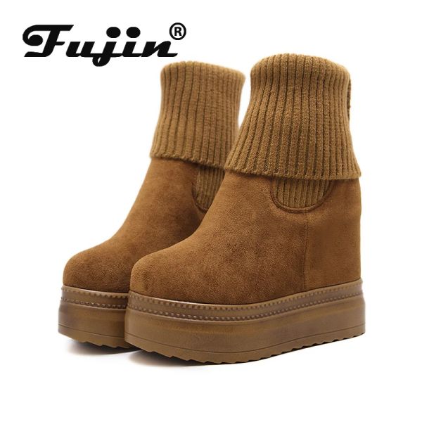 Botas fujin mulheres botas intermediárias de inverno tricô de lã salto oculto mulher quente botas de inverno plataforma de moda grossa sapatos mulheres botas