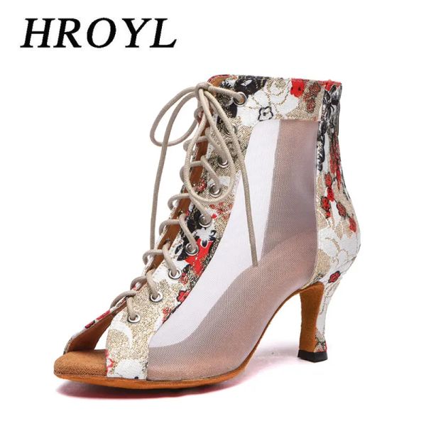 обувь Hroyl Women Latin Dance Shoes Ballroom Ladies Tango Party Mesh Salsa Danca Boots Sexy Laceup High Top Sandals