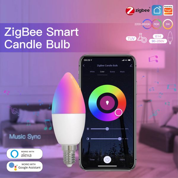 Управление Tuya Умный Дом Zigbee Светодиодная Лампа RGBCW Лампа Smart Life Support Alexa Google Home E14 Свеча Лампа 22006500K Музыкальный Ритм Огни