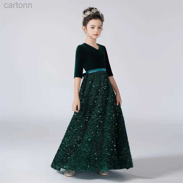 Abiti da ragazza Scollo a V manica a un terzo ragazza con paillettes scintillante vestito da ragazza di fiore per il compleanno dei bambini abito formale da principessa 24323