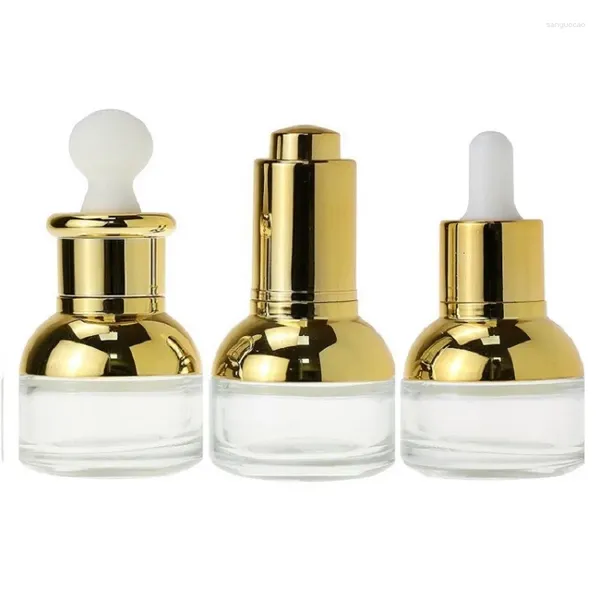 Bottiglie di stoccaggio 10 pezzi Contagocce in vetro 30 ml Fiala di essenza d'oro Distribuire bottiglia Pressa Pipetta Coperchio Cosmetico Riutilizzabile Fiale di olio essenziale