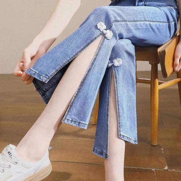 Damenjeans, Micro-Flared-Hosen, Vintage-Jeans, abgeschnittene Hose, Schlitz, schmal, lässig, Frau, koreanische Mode, Harajuku, wild, hohe Taille