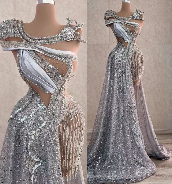 NUOVO Arabo Aso Ebi Sparkly Argento Lussuoso Abiti da ballo Cristalli con perline Serata formale Festa Secondo ricevimento Compleanno Abiti di fidanzamento Abito BC18444