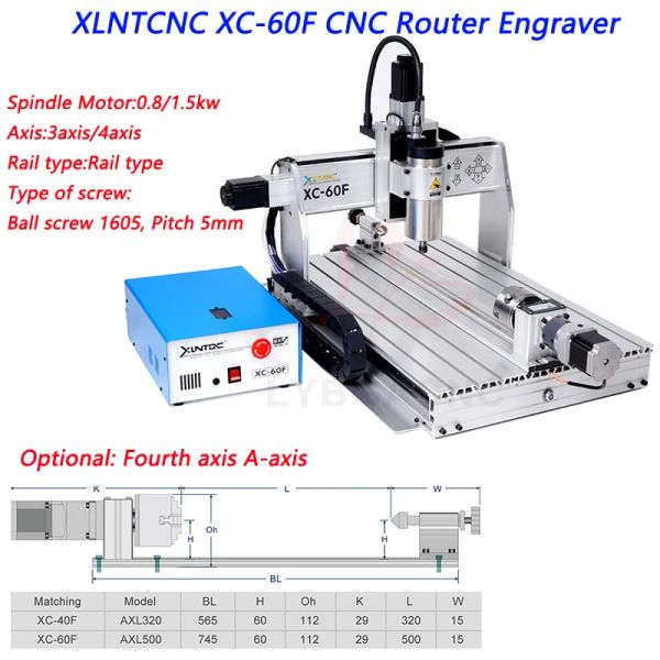 LYBGACNC XC-60F CNC маршрутизатор маршрутизатора 300W 1,5 кВт 3-ове 4-ове 4-й гравюрный бурение и фрезерный станок с USB-портом 110V 220V