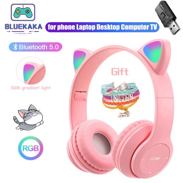 Cuffie Pink Girl Wireless Cuffie RGB Affiorismo per gatti carino con rumore microfono che annulla la musica stereo musicale Casco per bambini