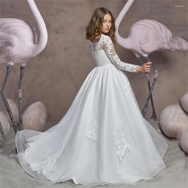 Kız Elbiseler Beyaz Melek Tül Çiçek Aplikes Bir Çizgi İnci Kemeri Düğün Doğum Günü Partisi İlk Komünyon Elbise İçin Uzun Kollu