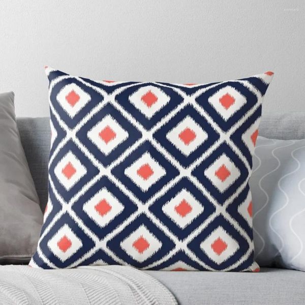 Cuscino Copricuscino con motivo a rombi Ikat blu navy e corallo Cuscini di lusso estetici