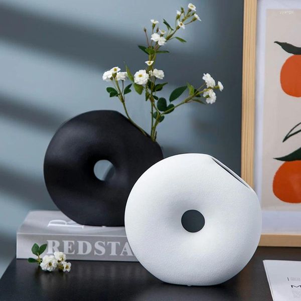 Vasen, schwarz, weiß, Donut-Keramik, dekorative Blumenvase, kreisförmig, runde Form, Tischtopf, handgefertigte Kunst