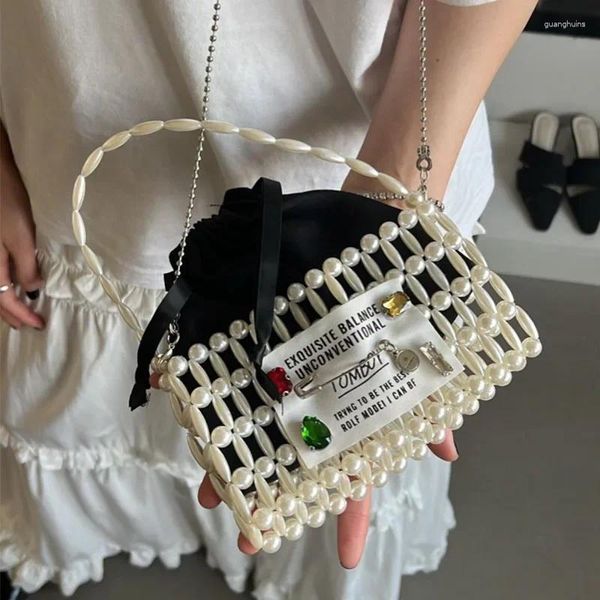 Винтажные сумки через плечо INS с текстурной цепочкой на шнурке для женщин, модная сумка 2024 года с жемчугом и бисером, сумка с бриллиантами, мини-телефон, женская сумка