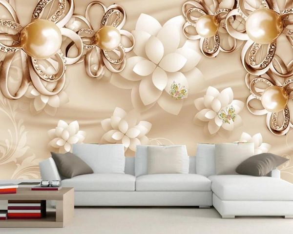 Wallpapers Golden Pearl Flower Luxo Jóias 3D Papel de Parede Mural Sala de estar TV Sofá Parede Quarto Papéis Home Decor