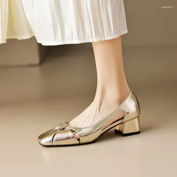 Модельные туфли, весна-осень 2024, женские туфли-лодочки золотого и серебряного цвета, балетки без шнуровки с квадратным носком, удобные сандалии