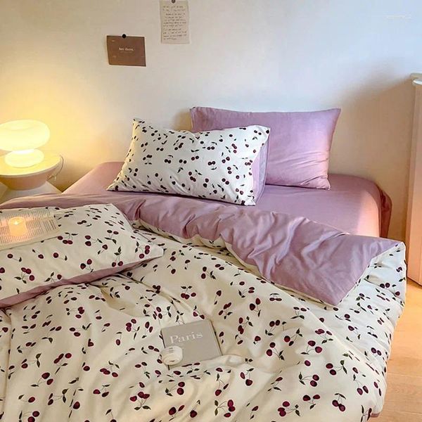 Set biancheria da letto Set stile coreano Ciliegia Puro cotone floreale Viola Copripiumino singolo matrimoniale King Kit federa lenzuolo con angoli