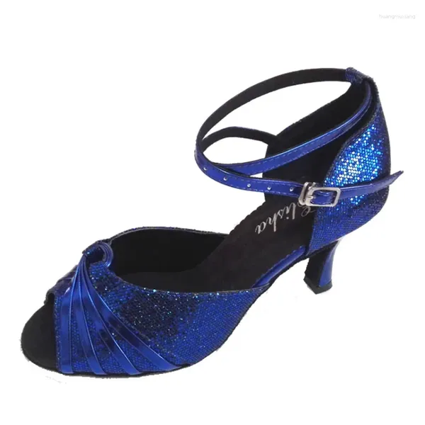 Scarpe da ballo con tacco personalizzato da donna, blu royal glitter, salsa, punta aperta, sala da ballo, feste, serate, scarpe da ballo sociali