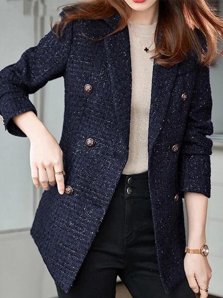 Ternos femininos casuais de manga comprida elegante trespassado azul marinho tweed blazers grosso casaco quente com botão perfeito para o inverno