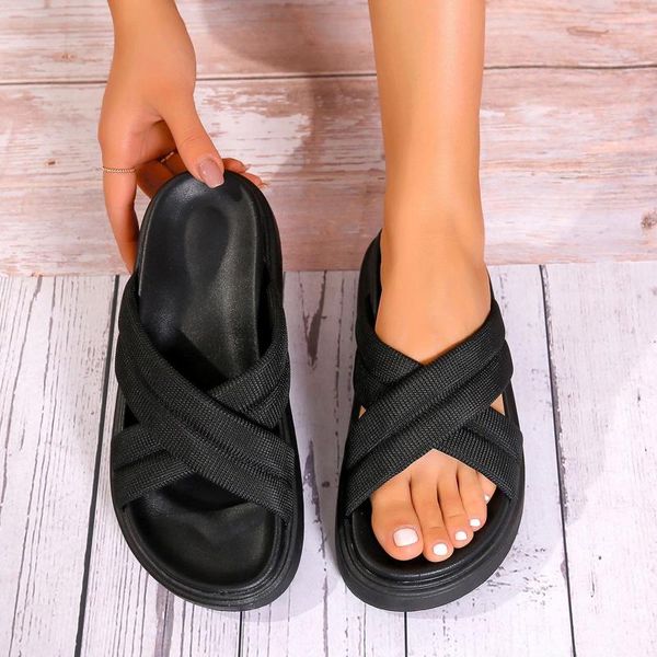 Chinelos femininos verão deslizamento em sólido casual aberto dedo do pé plataforma plana fundo macio respirável sapatos sandálias para sola dura