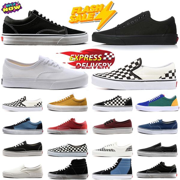 2024 Homens Mulheres Sapatos Casuais Skate Sapatos Van Canvas Sapatilhas Old Skool Clássico Vintage Preto Branco Checkerboard Mens Flat Trainers Tamanho 36-44