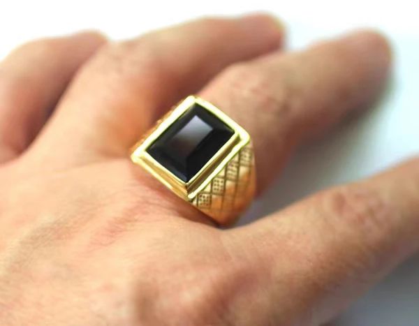 Squisito uomo placcato oro grande intarsiato nero zircone 14k anello in oro giallo uomo trendy casual business gioielli regalo di anniversario