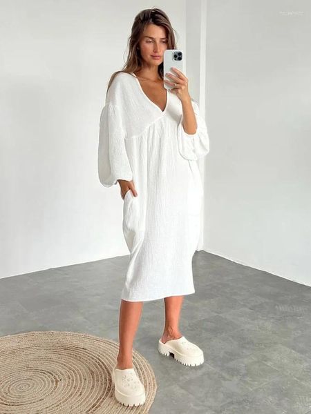 Mulheres sleepwear inverno nightwear camisola manga vestido meados de bezerro sólido algodão com decote em v vestidos femininos noite lanterna mulher camisola cor