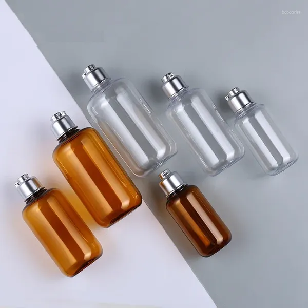 Bottiglie di stoccaggio Bottiglia vuota Toner idrolato PET Plastica 100ml 200ml 300ml 10 pezzi Shampoo riutilizzabile per trucco trasparente ambrato con parte superiore in argento