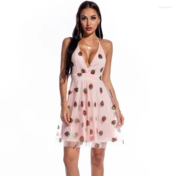 Lässige Kleider Sexy V-Ausschnitt Pailletten Erdbeerkleid Sommer Frauen Rosa Hohe Taille Ärmellos Slip Cottagecore Stickerei Druck süß