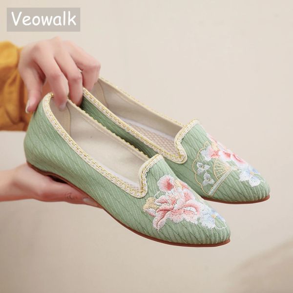 Flats Veowalk jacquard macio algodão Mulheres pontudas de dedo pontudas em sapatos bordados chineses confortáveis para mulheres elegantes