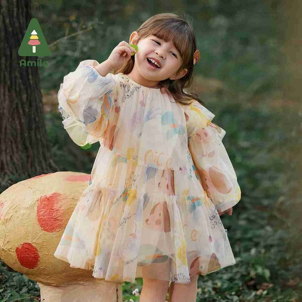 Mädchenkleider Amila Baby Mädchen Kleid 2023 Frühling Neues Original Volldruck Mesh Regenmantel Prinzessin Kleid 0-6 Jahre Kinder Markenkleidung 24323