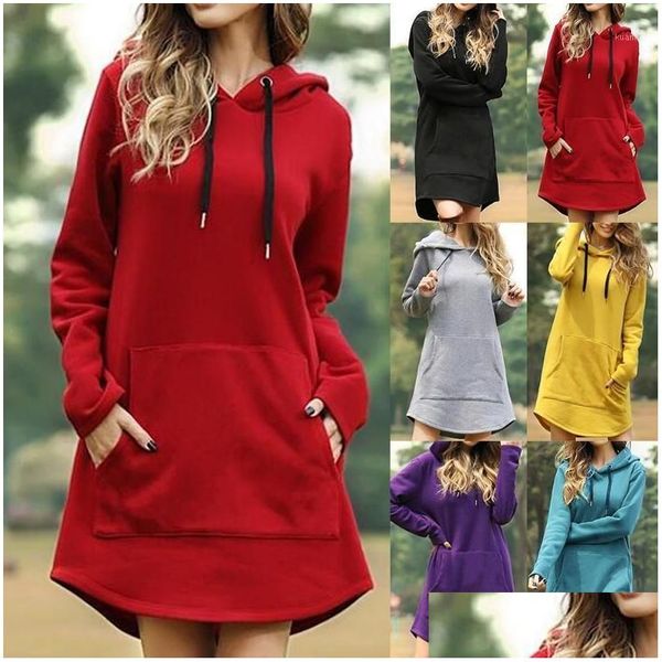 Damen Hoodies Sweatshirts Frauen Solides Kleid Casual Langarm Plus Size Kapuzenpullover Mode Irregar Hem Female Hoody Kleid Dhtd8