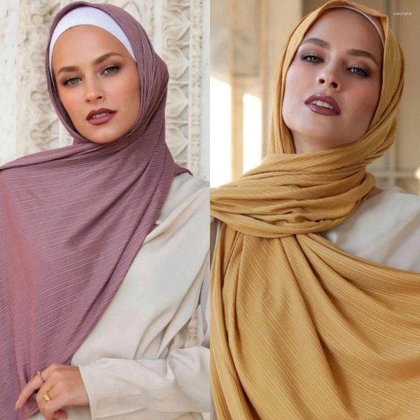 Roupas étnicas Camisa de algodão com nervuras Hijab cachecol longo xale mulheres muçulmano lenço envolve listrado headband maxi turbante elástico plissado