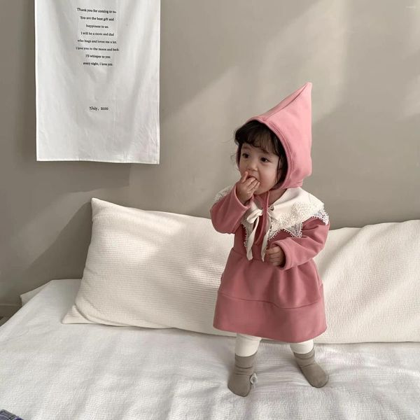 Vestidos da menina do bebê outing roupas 2024 outono e inverno estilo coreano velo com capuz vestido cor sólida casual simples moda