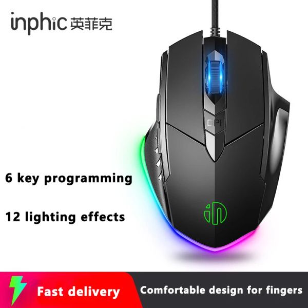 Mouse Inphic PW1 Mouse da gioco Esports cablato Definizione di programmazione macro a sei pulsanti per regolare il mouse silenzioso luminoso DPI