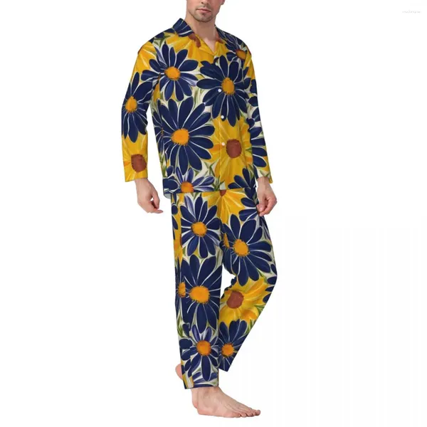 Masculino sleepwear floral ditsy impressão pijama conjuntos azul e amarelo kawaii mulheres mangas compridas vintage noite 2 peça casa terno tamanho grande