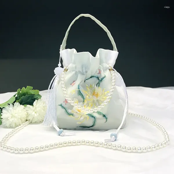 Sacos de noite Brilhante Han Terno Bolsa Estilo Antigo Oblíquo Straddle Bolsa Pérola Bordado Chinoiserie Cordão